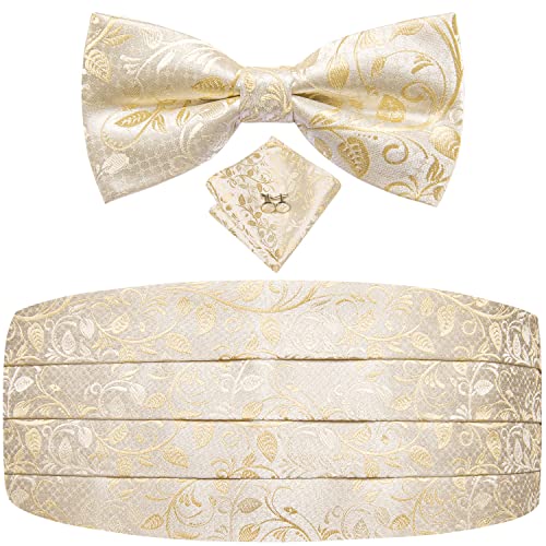 Image of Dubulle Mens Cummerbund and Bow Tie Set Paisley Floral Pretied Bowties for Men Pocket Square Cufflinks Wedding Business