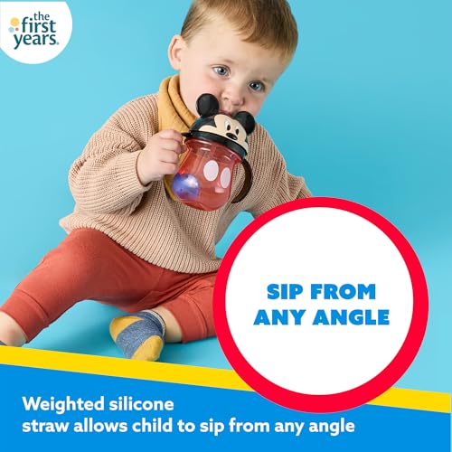 Image of The First Years Disney Mickey Mouse Weighted Straw Cup - Spill Proof Toddler Cups with Flip Top Cover and Silicone Straw - Dishwasher Safe - 7 Oz - 6 Months and Up, Small (Pack of 12)
