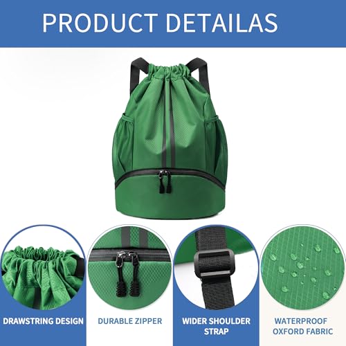 Image of JELUTAR Drawstring Backpack Gym Bag with Shoes Pocket, Dark Green | Water-Resistant String Backpack for Soccer, Basketball, Swim, Beach Cinch for Women Men, 18 L Large Capacity, Wet Pocket