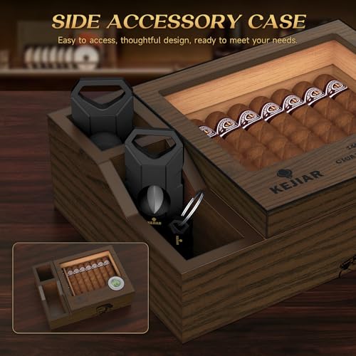 KEJIAR Cigar Humidor with 2 Side Cigar Accessories Boxes,Glass Top Cedar Small Cigar Humidor with Cigar Cutter,V-Cutter, Humidifier and Digital Hygrometer, Cigar Gifts for Men
