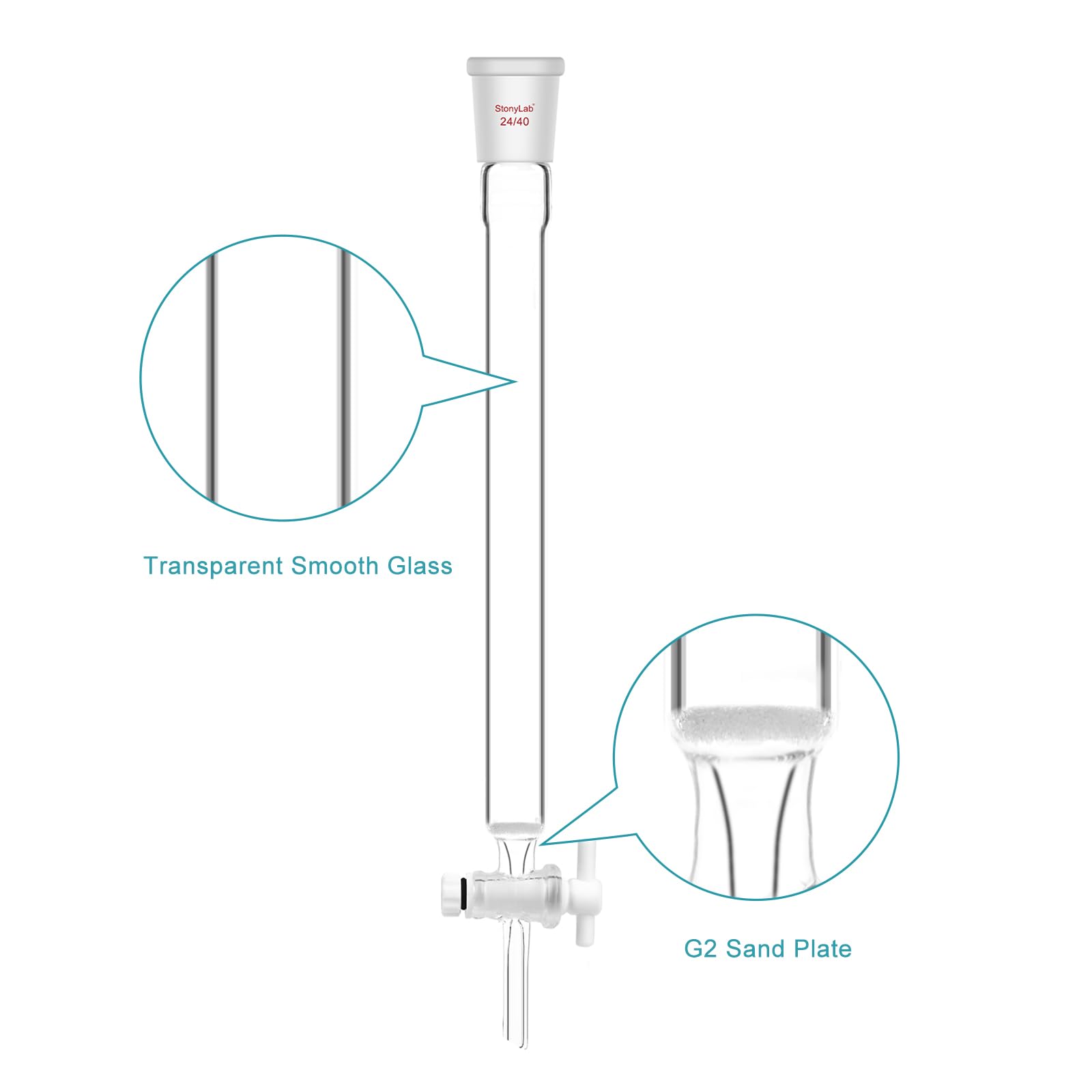 stonylab Colonna di Cromatografia in Vetro Borosilicato con Piastra di Sabbia G2, Diametro Interno 19 mm, Lunghezza Efficace 203 mm, Giunto 24/40