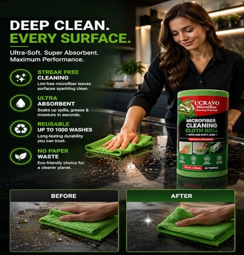 Image of UCRAVO 2 Roll - 40 SHEETS Kitchen Towel Roll 8000 Times Washable and Reusable Tear-Away Towels | Soft , Highly Absorbent and Streak Free Multi -Purpose Wash Cloth for Home Dishes Glass Cleaning - Green