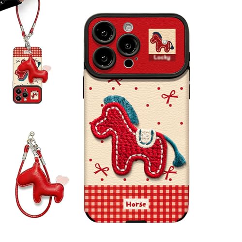 2026 Embroidered Pony Lanyard New Year Phone Case for iPhone 17/16/15/14/13/12 Plus Pro Max, Cute Horse Red Lanyard Full Body Pr