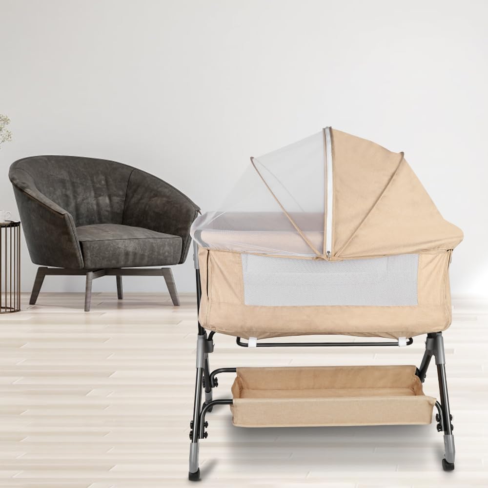HUOLE Lit Cododo Bebe 4 Niveaux Couffin Dormir Securite Portable Plier Nouveau-ne 104x52x100-110 cm Blanc casse