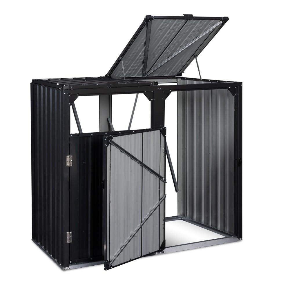 TERRE JARDIN - Cache Poubelle, Métallique, 147 x 80 x 120 cm - Cache Poubelle Exterieur Double, 2 Portes de Toit, 2 Portes Avant à Poignée - Abri Poubelle Exterieur, Anti Intempéries