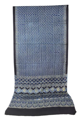 Image of Ethnics of Kutch Womenss Ajrakh Modal Silk Natural Dye Hand Block Print Saree with Blouse Piece - 5.5 Mtr Length (Indigo 03601B)
