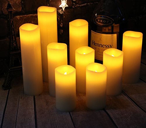 Image of Vickiss Flameless Candles Battery Operated Candles 4 inch 5 inch 6 inch 7 inch 8 inch 9 inch Set of 9 Ivory Real Wax Pillar LED Candles with 10-Key Remote and Cycling 24 Hours Timer