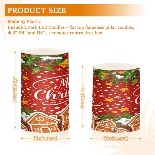 Image of Flickering Flameless Candles, Christmas Gingerbread Holly Berry Bell LED Candles with Remote Timer, Set of 2 Battery Operated Candle for Valentine Wedding Birthday