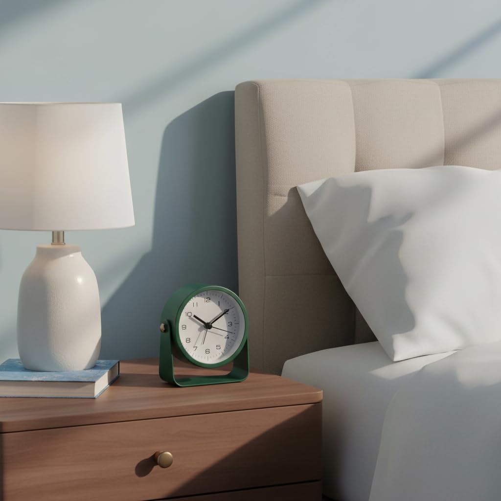 TFA Dostmann Sveglia analogica da comodino, Design, 60.1042.04, senza ticchettio, extra silenziosa, in metallo, con retroilluminazione, adatta anche come orologio da tavolo, verde