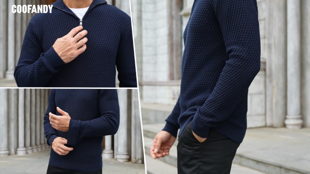 COOFANDY Mens Quarter Zip Pullover Sweater Slim Fit Waffle Mock