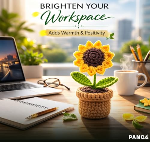 Image of PANCA Crochet Sunflower Pot - Artificial Sunflower for Office Desk, Car Dashboard & Home Decor | Handcrafted Yarn Flower in Pot, for Wedding, Bedroom (Sunflower in Brown Knitted Pot)