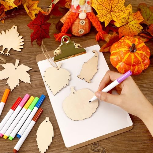 Decyool 7377 50 Pieces Thanksgiving Wooden Ornaments Fall Autumn Leaf Blanks Pendants Maple Leaves Pumpkin Unfinished Wood Slices Hanging thumb #3
