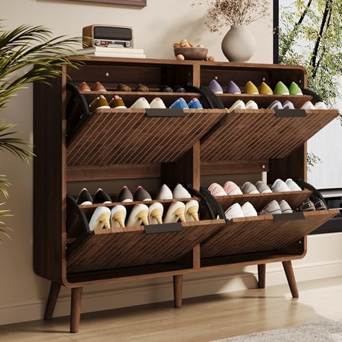 Goldicoo Armoire à chaussures en bois de noyer - Style nordique - Double étagère - 105 x 24 x 90 cm - MDF - 18-24 paires de chaussures - Portes rabattables...