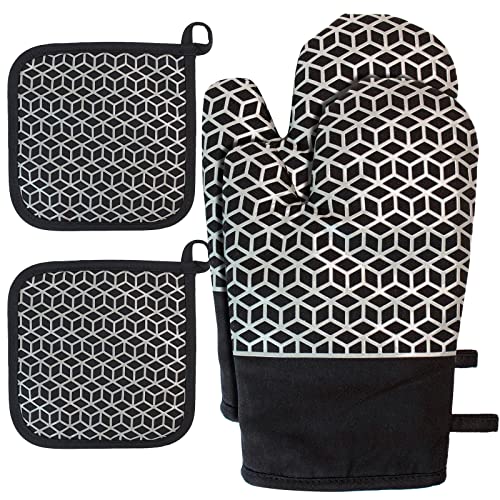 Gants de cuisine antidérapants avec gants de cuisson résistants à la chaleur - Lot de 4 gants de cuisine résistants à la chaleur - Convient pour la cuisine, la cuisson, le barbecue - Noir Cover