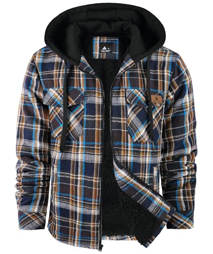 Image of V VALANCH Men's Flannel Shirt Jacket with Hood Fleece Lined Plaid Jacket Zip Up Winter Warm Coat
