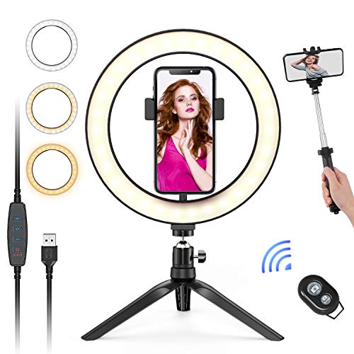 Gvoo 10 LED Ring Light with Tripod Stand, Dimmable 3 Light Modes and 10 Brightness Levels Selfie Makeup Ring Light USB Powered with Bluetooth Remote Control and Selfie Stick for Live Streaming