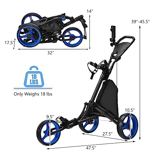 Tangkula Golf Push Pull Cart, Lightweight Foldable Collapsible 3 Wheels Golf Push Cart, Golf Trolley W/Storage Bag, Elastic Strap, Cup Holder, Scoreboard Storage & Foot Brake (Navy Blue) #TOP7