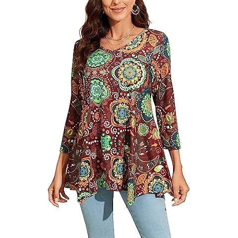 Enmain Camiseta Mujer Manga 3/4 Top Túnica Larga Cuello de Pico Blusa Cover