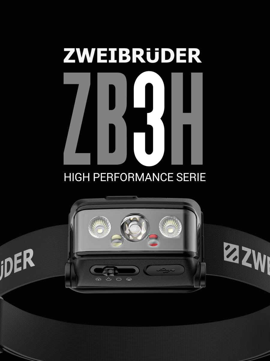 Zweibrüder ZB3H Torcia Frontale LED 600 Lumen – Lampada Frontale Ricaricabile USB-C con Digital Focus, Luce Rossa, MOT Multiple Optic Technology, Leggera e Regolabile, Ideale per Outdoor e Camping