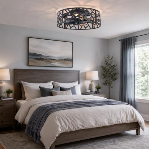 Image of 20 inch Farmhouse Flush Mount Ceiling Fan with Light and Remote, Black Caged Low Profile Fandelier, 6-Speed Reversible Enclosed Ceiling Fan for Bedroom, Kitchen, Small Room
