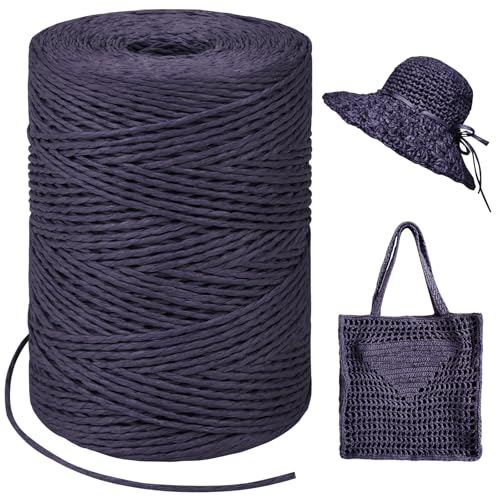 Image of Deep Purple Raffia Yarn for Crochet Bags, 1.5mm x 328 Yards Round String Raffia Ribbon for Gift Wrapping, Raffia Paper Ribbon Yarn for Crocheting Sun Hat, Bag, DIY Crafts, Holiday Decoration