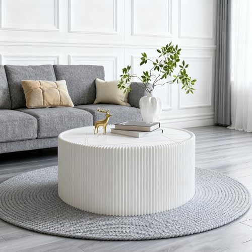 KUVADAZ White Round Coffee Table, 29.52 Drum Coffee Table with Sintered Stone Tabletop and Fluted PU Leather Covered and Stable Base, Circle Cocktail Tea Table for Living Room