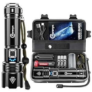 Flarevyn LED-Taschenlampe, hohe Leistung, 50.0000 Lumen, wiederaufladbar, 5000-mAh-Akku, IP67 wasserdicht, 5 Modi, tragbar, leistungsstark, für Camping/Wandern/Outdoor/Not...