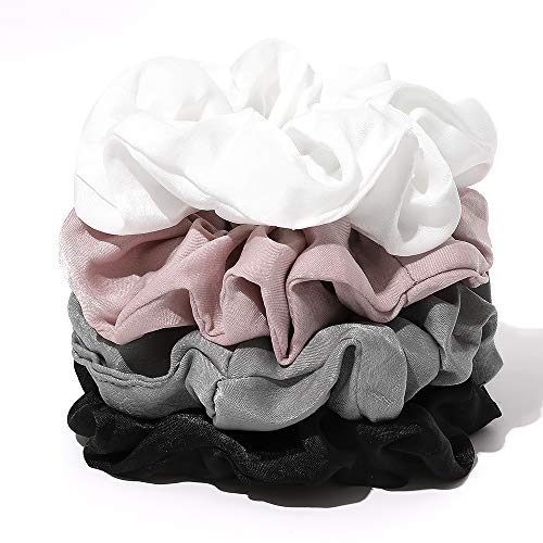 Image of Silk Satin Scrunchies Women Hair Ties - Ivyu Big Scrunchy Ponytail Holder No Crease Hair Bands Soft Elastic No Hurt Your Hair for Vsco Girl Women White Black Gray Pink