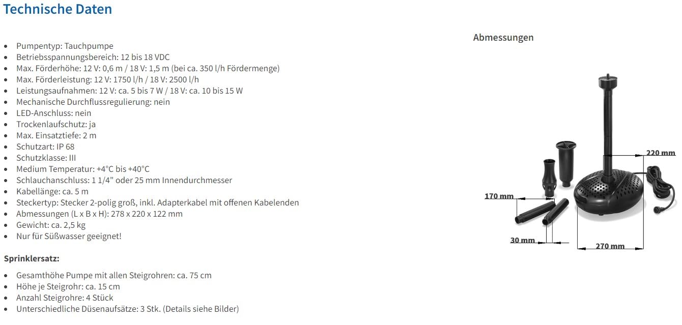 esotec Teichpumpe mit Sprinklerset, Springbrunnenpumpe, Wasserspiel Pumpe, Solarbrunnen Pumpe 2500 l/h 12-18 VDC IP68 außen 101997