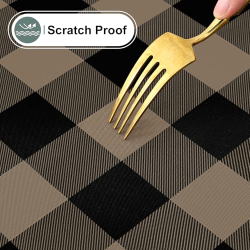 Image of misaya Square Waterproof Vinyl Table Cloth, Buffalo Flannel Backed Tablecloth, Wipeable Plastic Table Cover for Dinner, Kitchen, Outdoor (54 inch x 54 inch, Black and Khaki)