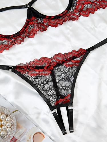 Image of Lilosy Sexy Underwire Floral Lace Sheer Lingerie Set for Women See Through Bra and Panty 2 Piece