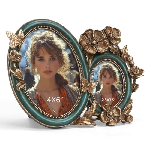 Giftgarden Vintage Oval Picture Frame 4x6 and 2.5x3.5, Retro Double Photo Frame for Tabletop or Wall Display, Gift Frame for Mom Mother Grandmother, Antique Blackish Green