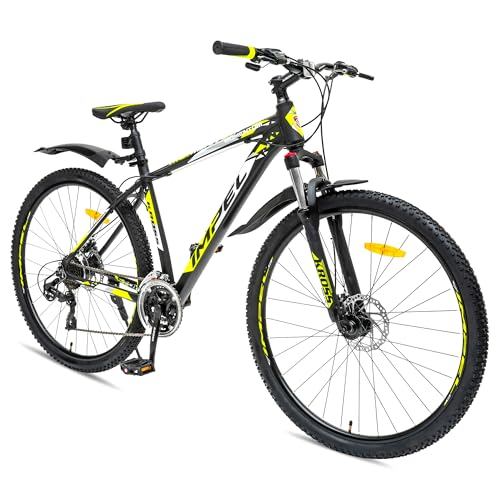 Image of KROSS Momentum 29T Unisex Matt Black Multispeed (Shimano 24-Speed) MTB | Alloy Frame with Dual Disc Brakes and Front Suspension Fork | Ideal for 15+ Years (Yellow)