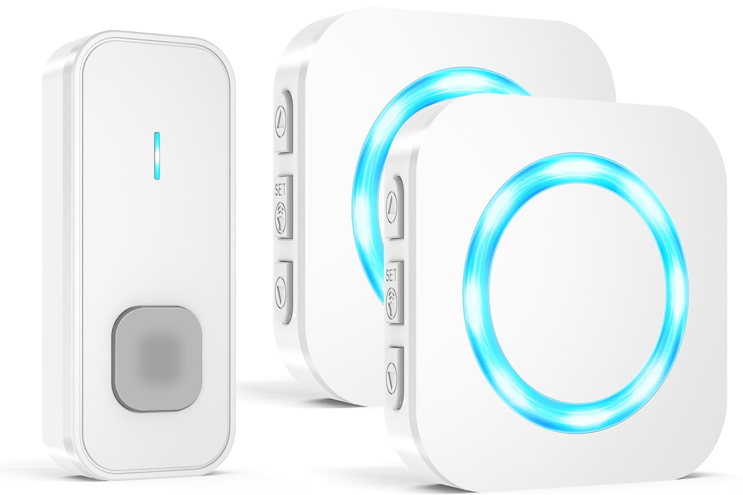 AIMAX Timbre Inalámbrico con 1 Emisor y 2 Receptores, Alcance de 400 m, IP55 Impermeable, 5 Niveles de Volumen / 55 Melodías, Apto para Interior y Exterior, Blanco