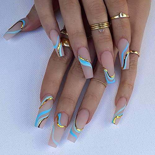 IMSOHOT Matte Coffin Press on Nails Long Ballerina Fake Nails Golden Blue Lines False Nails 24Pcs Acrylic Nails for Women and Girls
