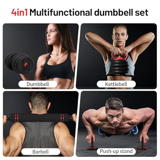 Adjustable Dumbbell, 20/30/40/60/80lbs Dumbbells Set, 4-in-1 Free Weights for Women/Men Workout Equipment Used as Barbell/Kettlebells/Push up Stand for Home Gym
