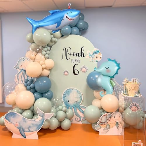 Image of Under the Sea Party Decorations, 154pcs Slate Blue Mist Green Balloon Garland Arch Kit, Bubble Balloons with Dolphin Shark Hippocampus Foil Balloon for Ocean Birthday Party Supplies Shark Party Decor
