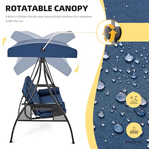 Image of HOMREST 3 Seat Outdoor Porch Swing with 1.5 inch Deepened Cup Holder, Adjustable Canopy, Patio Swing Bed with Stand, Patio Glider Swing with Thicken Cushions, Pillow for Yard, Garden(Blue)