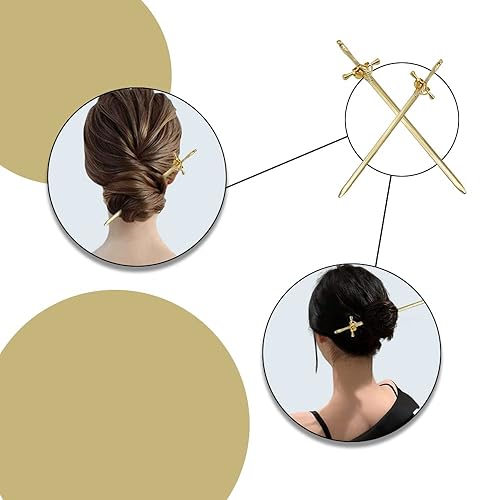 Miniatura 6 de 2 palillos para niñas, palillos vintage para el cabello, accesorios para el cabello vintage para mujeres y niñas, cabello largo (dorado)