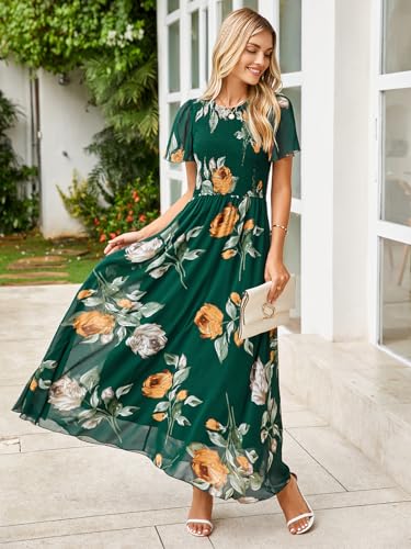 Image of Simplee Womens Casual Floral Summer Maxi Dress 2026 Boho Flowy Short Sleeve Crew Neck Vacation Smocked Chiffon Dresses