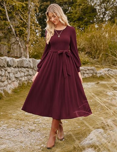 GRACE KARIN Womens Winter Sweater DressLong Sleeve, Crewneck Midi Dresses Tie Waist, Ribbed Knit Fall Outfits Wine Red Size M4