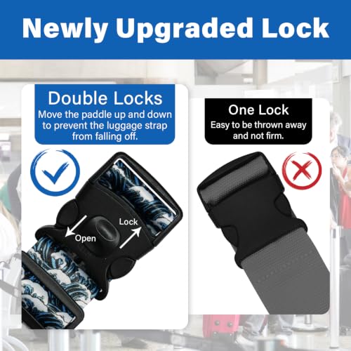 Image of Luggage Straps for Suitcases, Travel Adjustable Belt with Quick Release Buckle, Heavy Duty Nylon Bag Packing Strap, Unique Bright Identifiers Business Travel Accessories (2 Pack) - Blue Wave