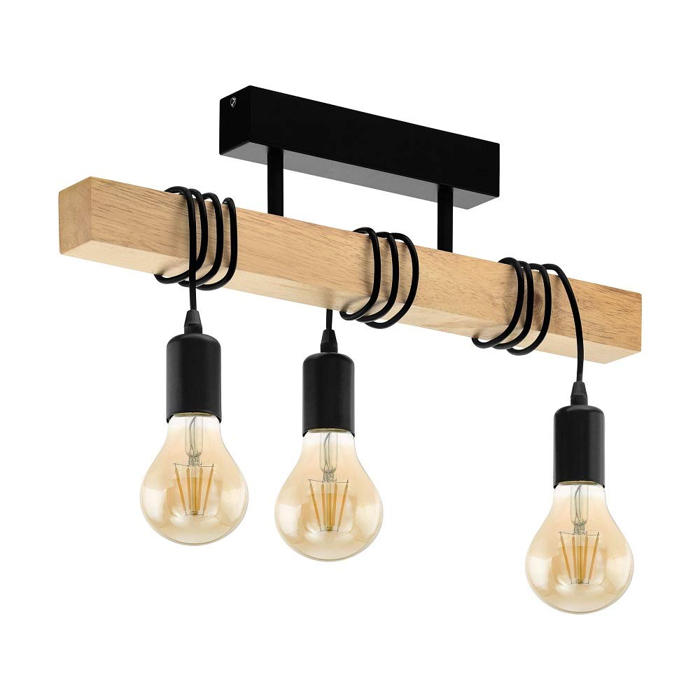 Britalia Black & Natural Wood 3 Lamp Semi Flush Vintage Retro Ceiling Light | 550Mm Width | 3 X Es E27 Bulbs Required (Not Included) | 240 Volts