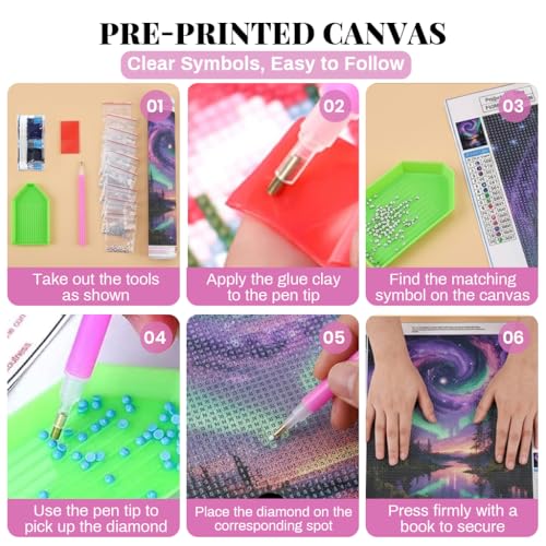 Image of HASTHIP Aurora Galaxy Landscape DIY Diamond Painting Kit, Full Drill Northern Lights Forest Lake Art Set with Pre-Printed Canvas & Tools, Relaxing Stress Relief Craft Home Wall Decor Gift 40x30cm