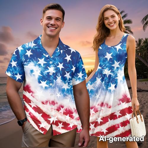 Image of Hawaii Matching Couple Outfits Husband and Wife Clothing Fashionable Mens Casual Shirts Hawaii Dress with Soft Fabric