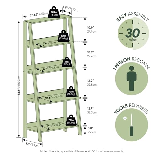 Image of Furinno Ladder Bookcase Display Shelf, 5-Tier, White | 13 x 23.6 x 53.5, Open Frame Design Bookshelf, Display Storage Shelves, for Living Room, Home Office