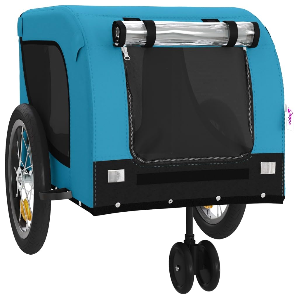 Fahrradanhänger Hunde Blau und Schwarz mit Oxford-Gewebe und Eisenrahmen, faltbar, atmungsaktiv, sicher für Transport von Haustier, Hund, Katze, ideal für Outdoor, Reise, Urlaub, Tierarzt