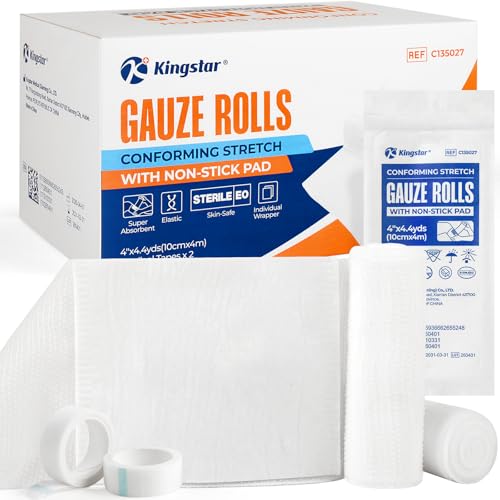 Sterile Gauze Rolls 4in x 4.4yds with Non-Stick Pad 20 Pack Individually Wrapped Sterile Gauze Bandages Latex-Free Medical Grade Wound Care for Home Clinic Vet & Outdoor