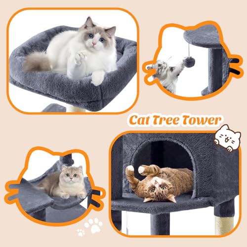 Image of Sweetcrispy 44 Inch Cat Tree Tower, Cat Climbing Tower with Natural Sisal Scratching Posts, Hammock, Pet Condo for Indoor Cats and Kittens Play, Dark Grey