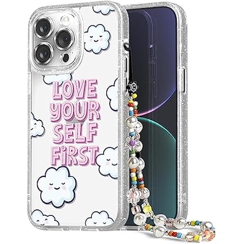 casevivid Compatible for Glitter Clear iPhone 14 Pro Case with Camera Cover - Aesthetic Cute Phone Case with Wrist Strap - Girly Bling Sparkle Love Yourself First Print Case for Woman Girl 6.1" Cover